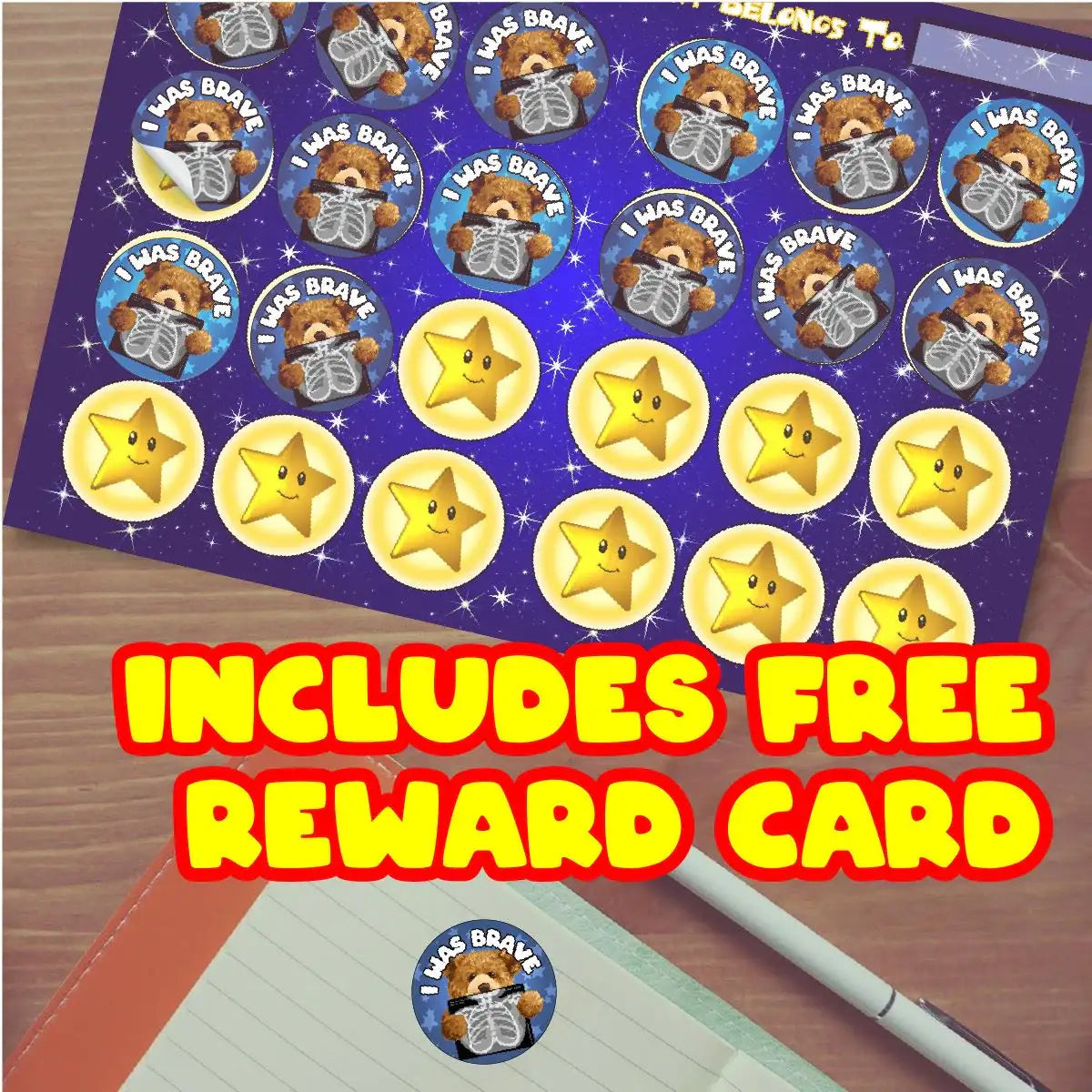 Sheet of 'I Was Brave' bear stickers and gold star stickers with free reward card included