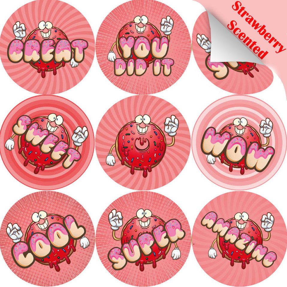 Sticker Stocker 120 Strawberry Doughnut 30mm Scented Reward Stickers for Teachers, Parents and Party Bags