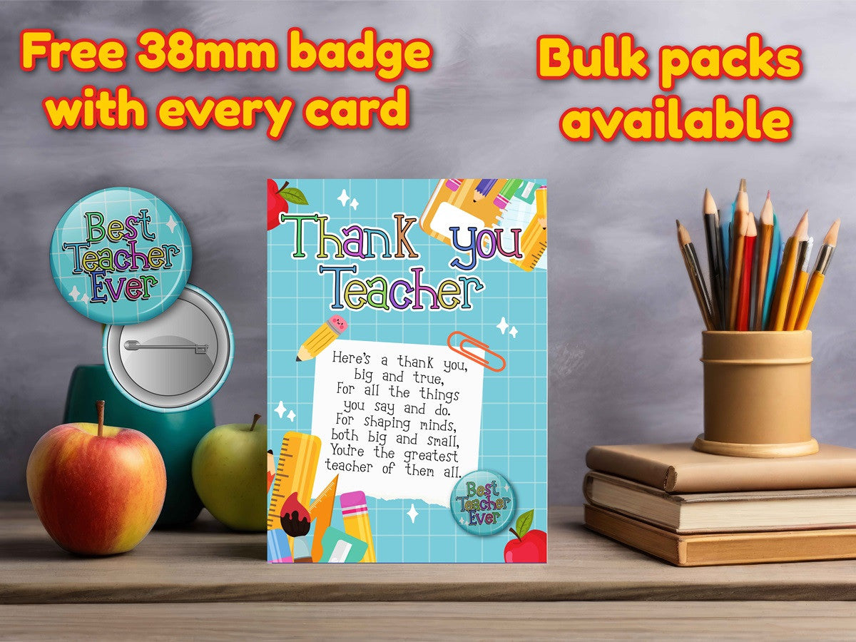 Thank You Teacher Greeting Card with FREE pin badge - Teacher Gifts - End of Term Gift -Teacher, School, Nursery, Parents