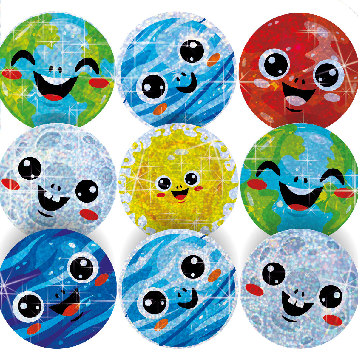 144 Sparkle Planets 30mm + 90 Free Sparkle Smiles Reward Stickers for Teachers, Parents and Schools