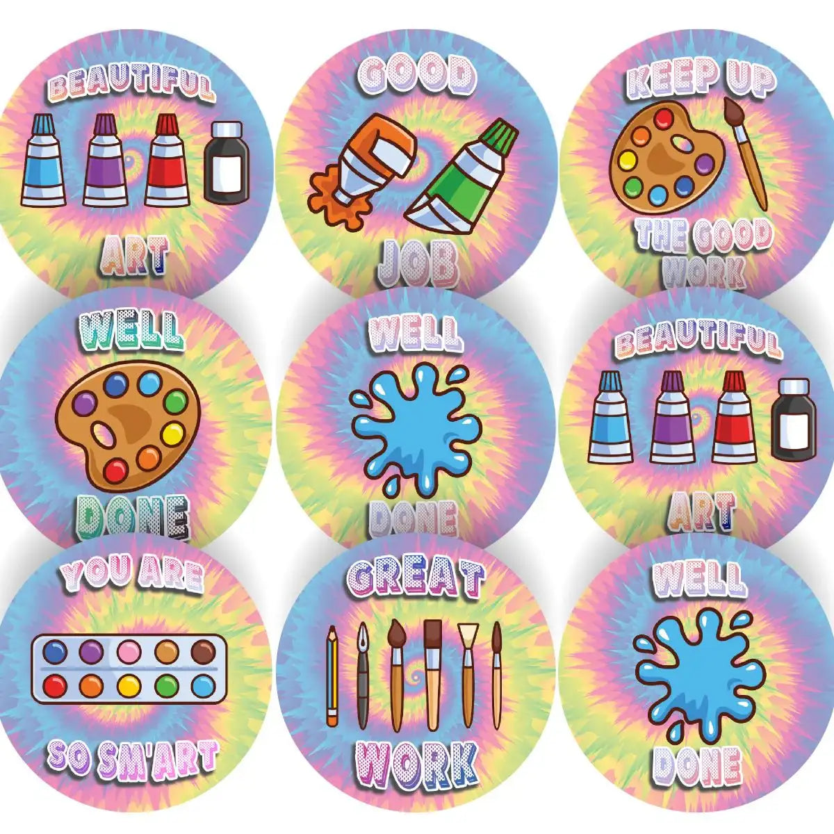 Colorful tie-dye reward stickers for art students with paint tubes, palettes, brushes, praise words