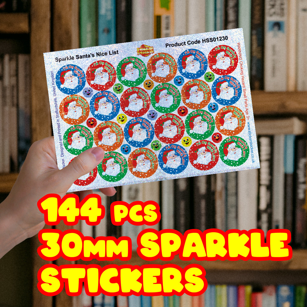 144 Sparkle Santa's Nice List Stickers 30mm + 90 Free Sparkle Smiles Reward Stickers for Teachers, Parents and Schools