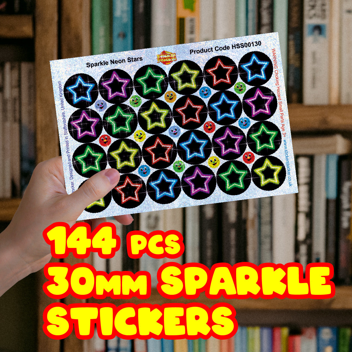 144 Sparkle Neon Stars Stickers 30mm + 90 Free Sparkle Smiles Reward Stickers for Teachers, Parents and Schools