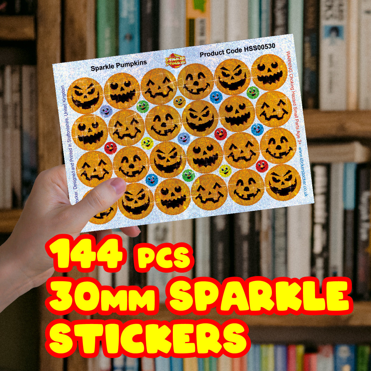 144 Sparkle Pumpkins Halloween Stickers 30mm + 90 Free Sparkle Smiles Reward Stickers for Teachers, Parents and Schools