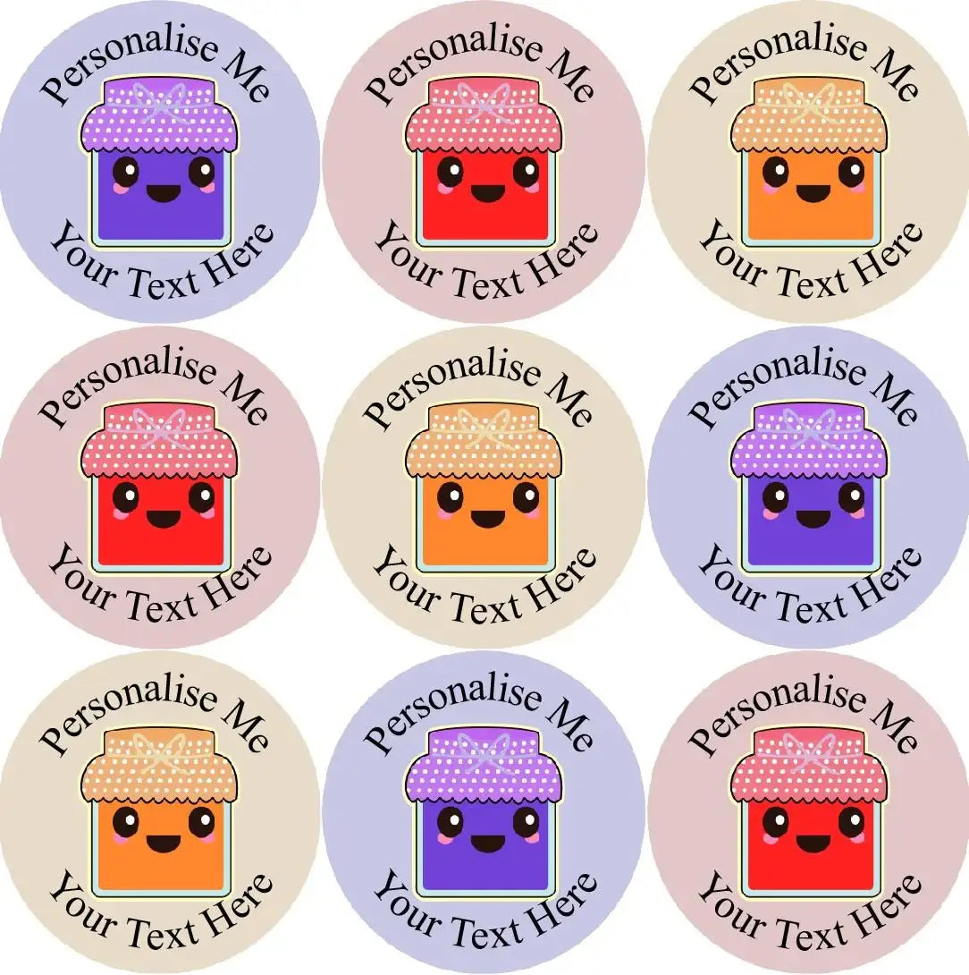 Cute customisable reward stickers with smiling jam jar cartoon and 'Personalise Me' text.