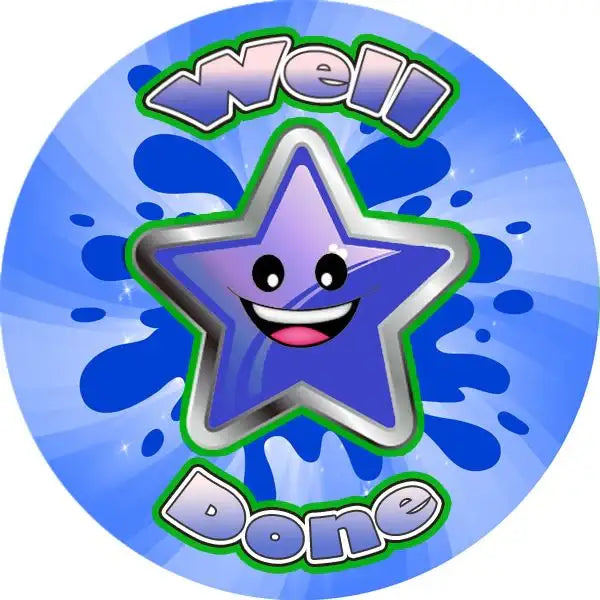 Well Done reward sticker with smiling purple star on a blue splash background