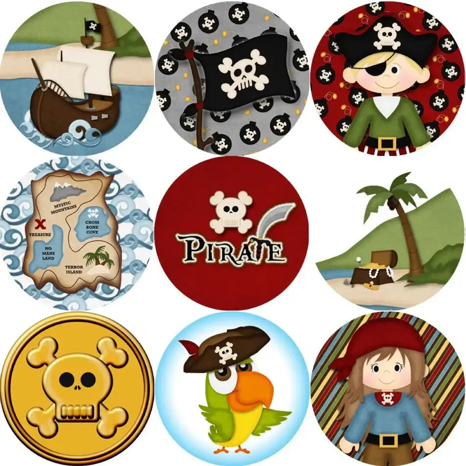 Pirate-themed reward stickers featuring ships, treasure, skulls, parrots, and maps for classrooms.