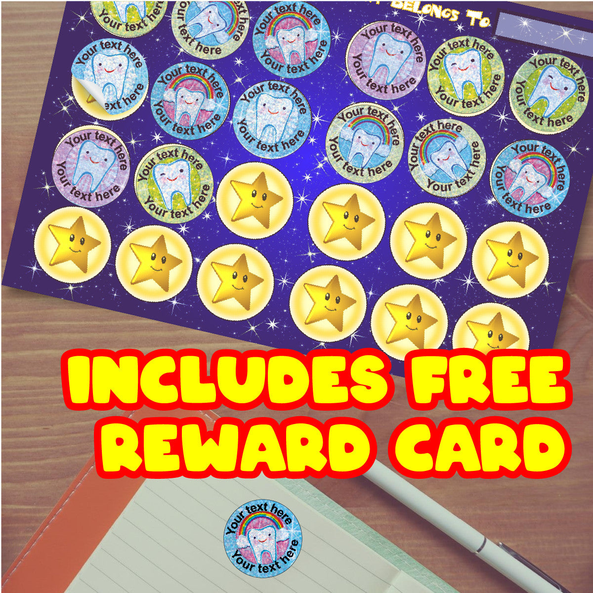 Sticker Stocker 144 Personalised Happy Teeth 30mm Reward Stickers + 90 Free Sparkle Smiles for School Teachers, Parents and Nursery