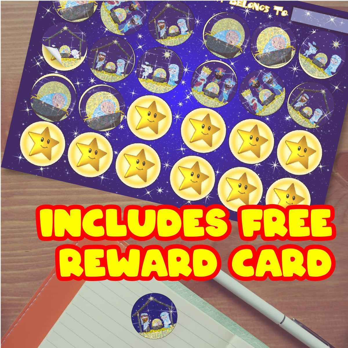 144 Sparkle Nativity Stickers 30mm + 90 Free Sparkle Smiles Reward Stickers for Teachers, Parents and Schools