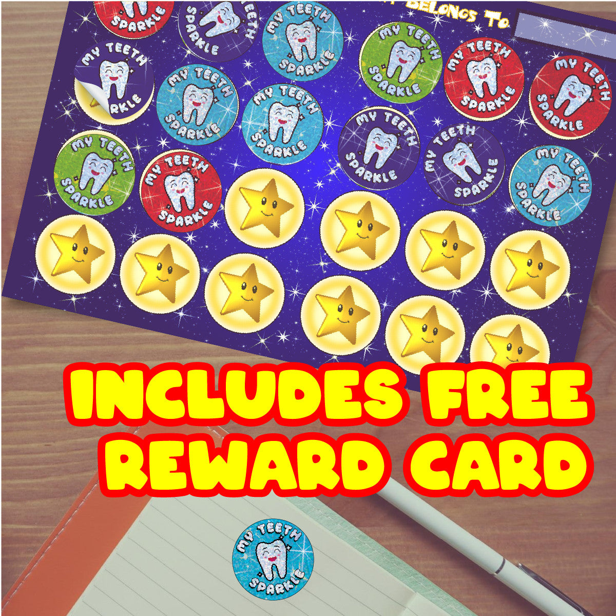 144 My Teeth Sparkle Stickers 30mm + 90 Free Sparkle Smiles Reward Stickers for Teachers, Parents and Schools