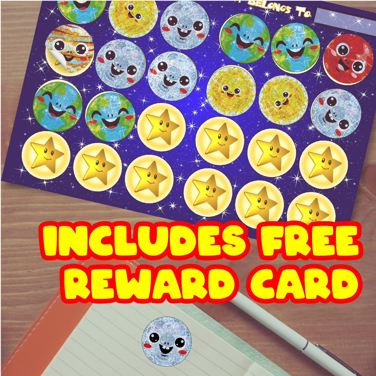 144 Sparkle Planets 30mm + 90 Free Sparkle Smiles Reward Stickers for Teachers, Parents and Schools