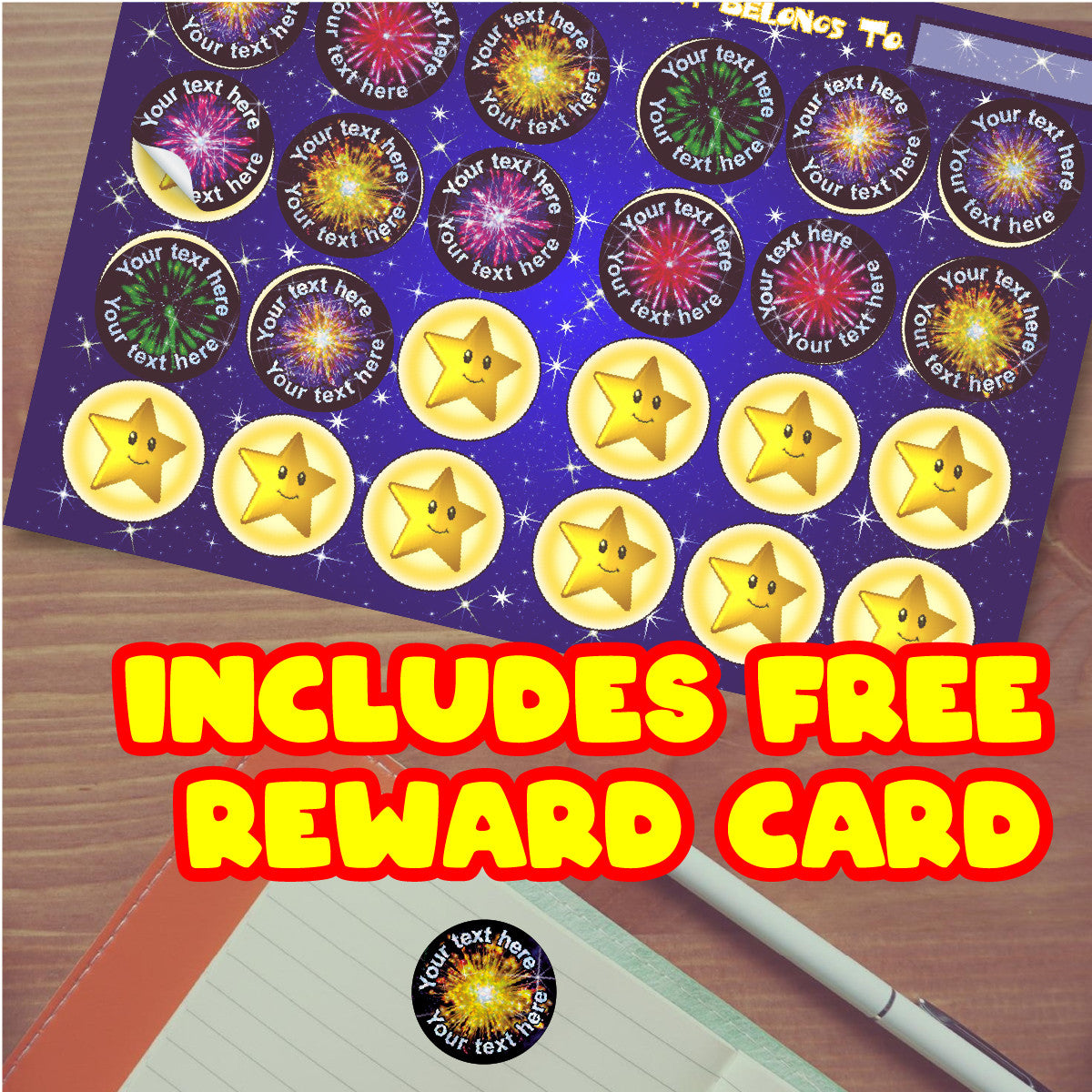 144 Personalised Sparkle Fireworks 30mm Reward Stickers + 90 Free Sparkle Smiles for School Teachers, Parents and Nursery