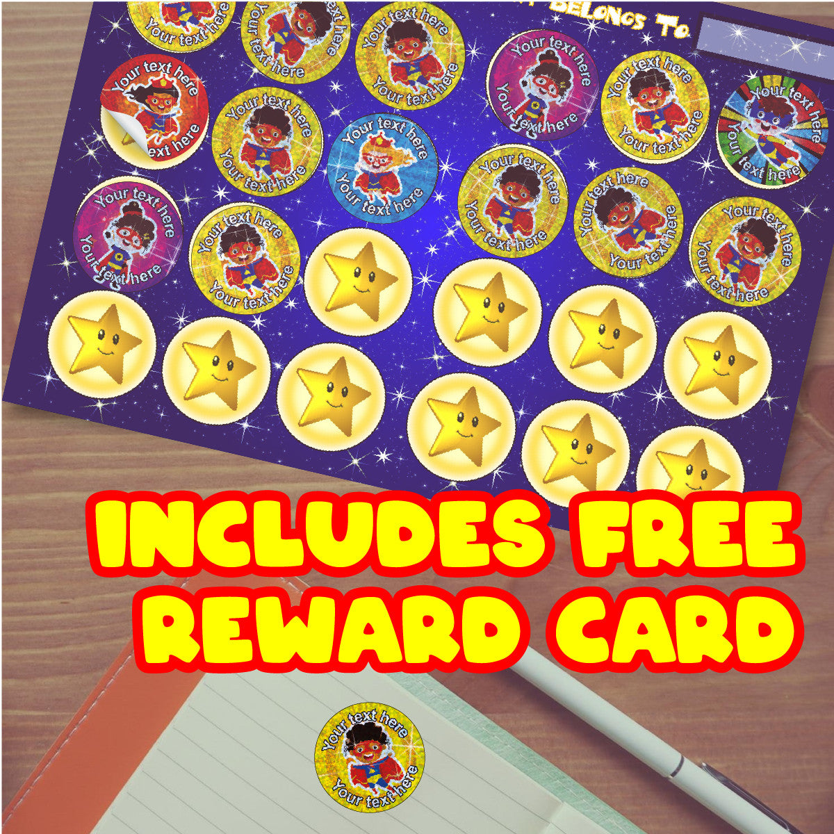 Sticker Stocker - 144 Personalised Sparkle Superhero Party 30mm Reward Stickers + 90 Free Sparkle Smiles for School Teachers, Parents and Nursery