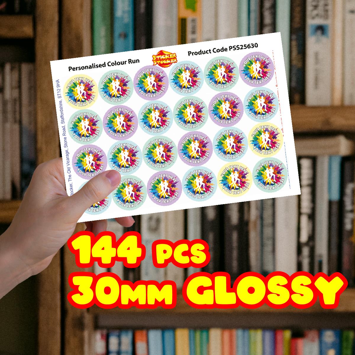 144 Personalised Colour Run 30mm Reward Stickers for School Teachers, Parents