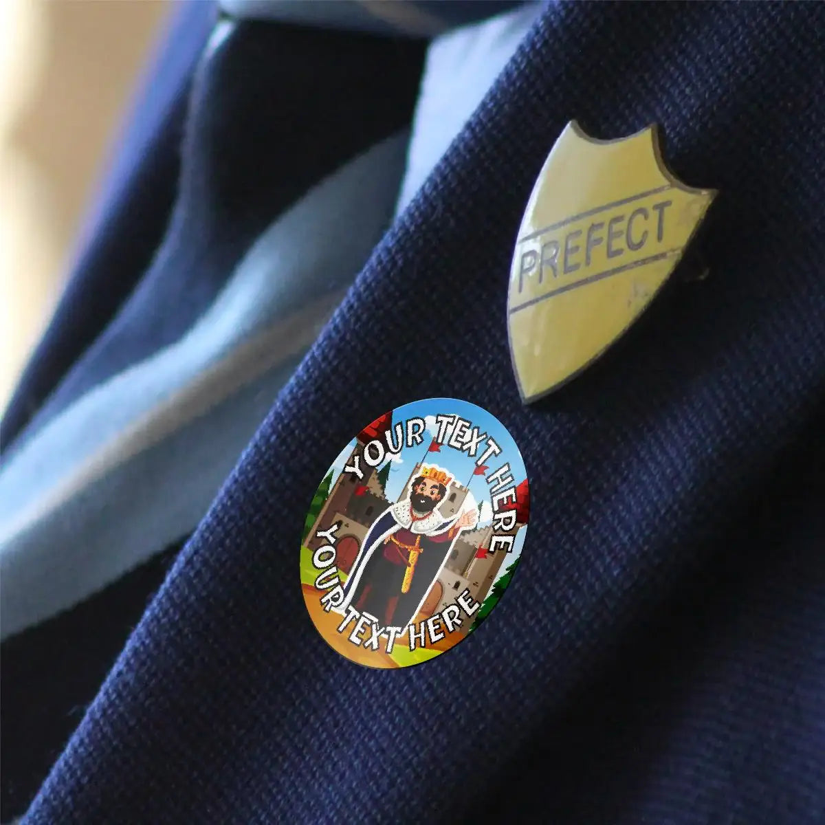 Custom classroom reward sticker with cartoon king and prefect badge on student blazer