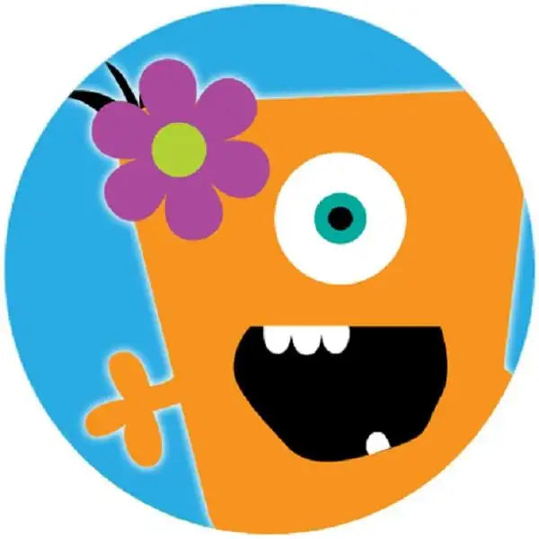 Colorful cartoon monster sticker with one eye, purple flower, and a big smile