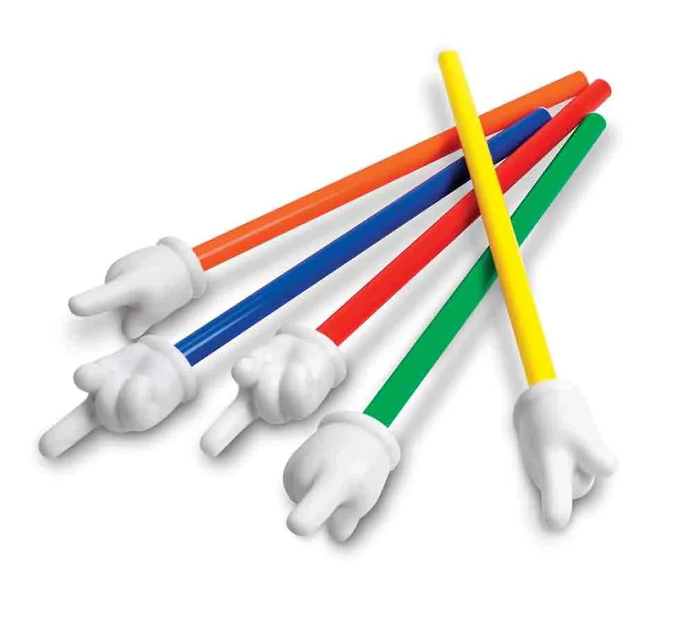 Colorful hand pointers for classroom, set of five with plastic hands on colored sticks