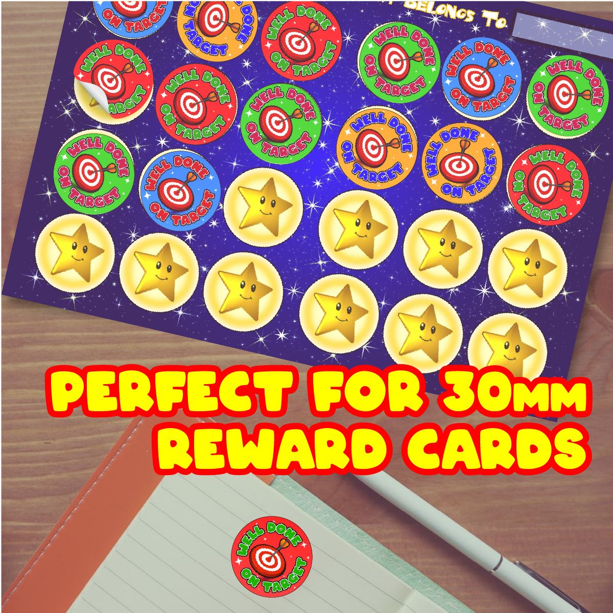 144 Well Done on Target 30mm Glossy Reward Stickers for Teachers & Parents