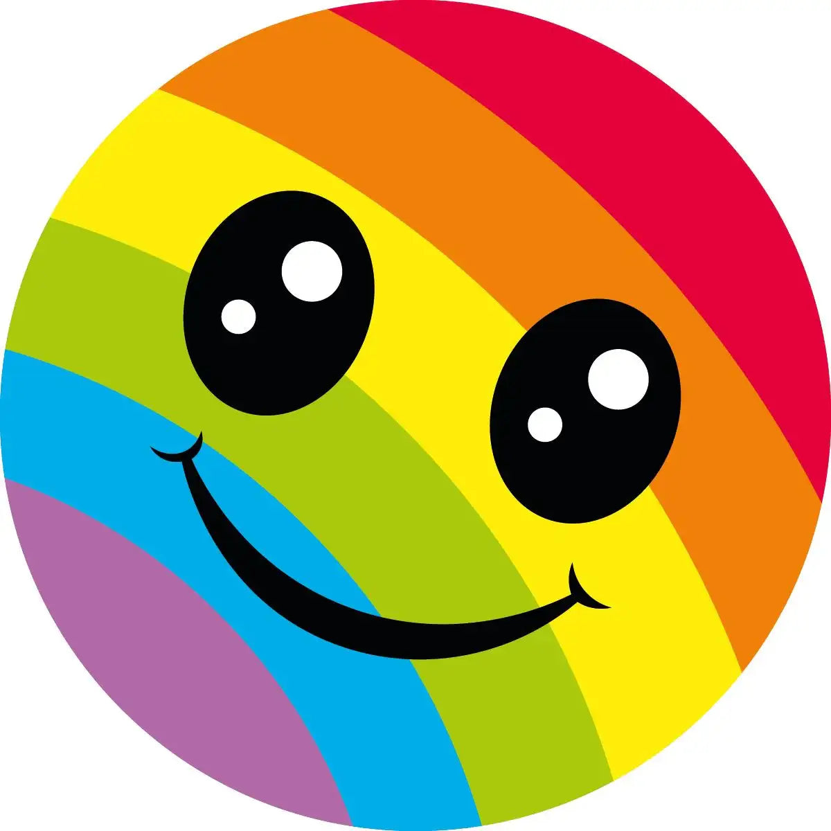 Rainbow smiley face reward sticker with big eyes and colorful stripes, classroom motivation