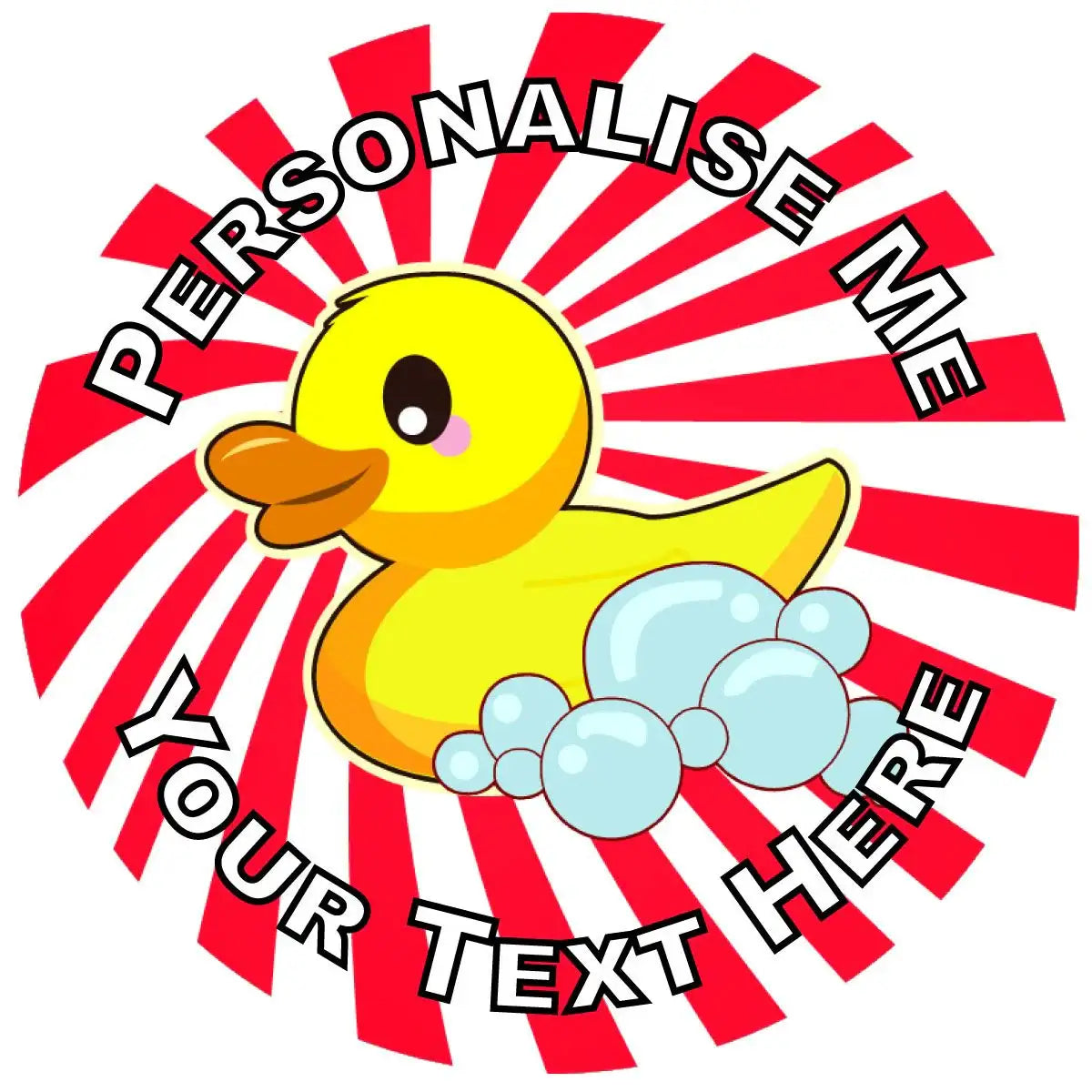 Personalised reward sticker with cute yellow duck, bubbles, and red sunburst background.