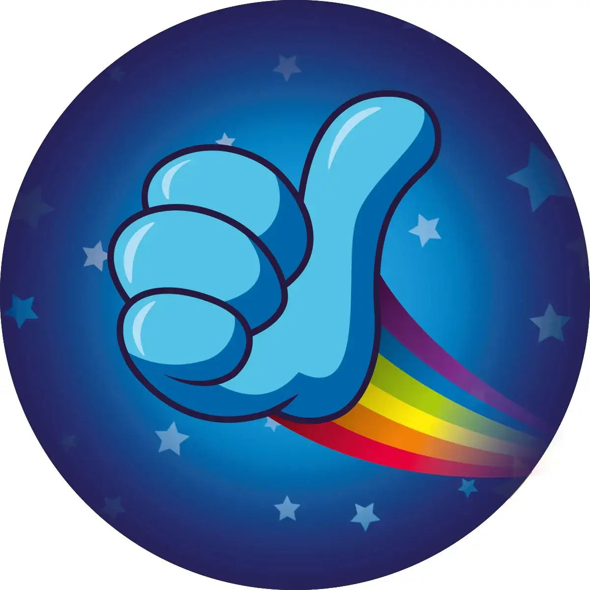 Blue thumbs up reward sticker with rainbow trail and stars on a dark blue background