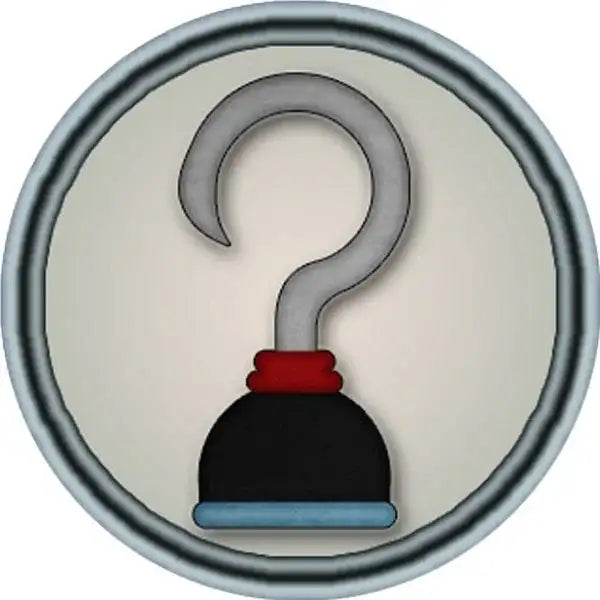 Pirate hook reward sticker with cartoon design on a round background for classroom motivation.