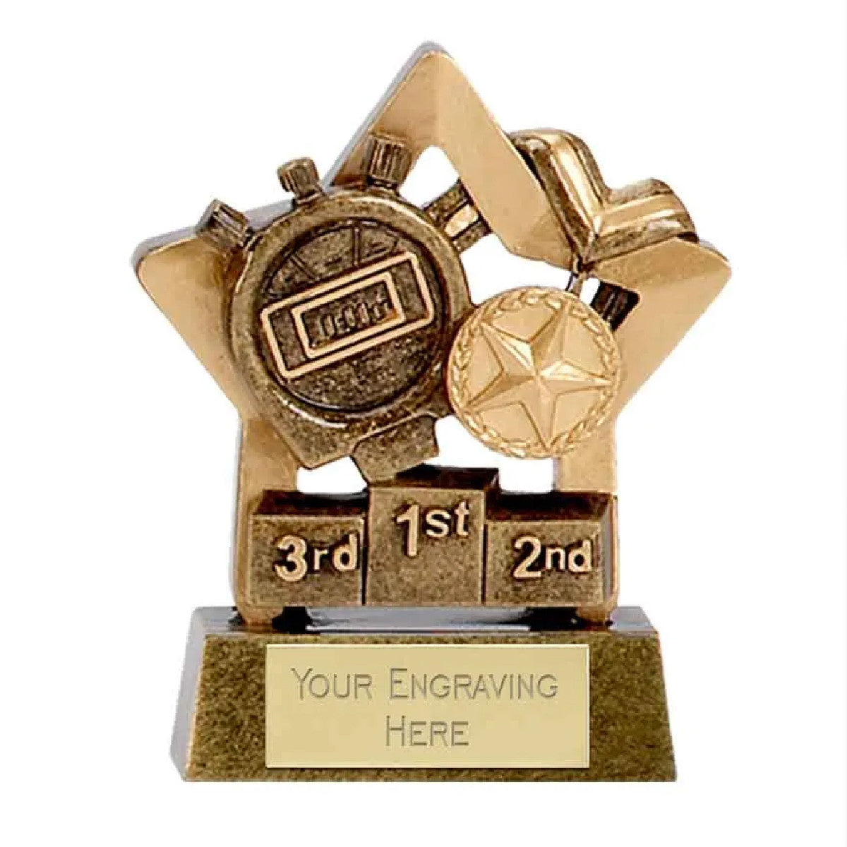 Sticker Stocker - Mini Star Podium Athletic Award Trophy 8cm Resin FREE engraving and Certificate