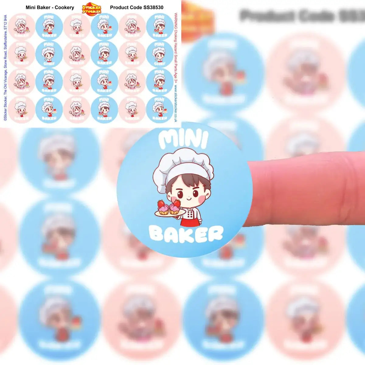 Cute mini baker reward sticker for kids, featuring cartoon chef on blue background