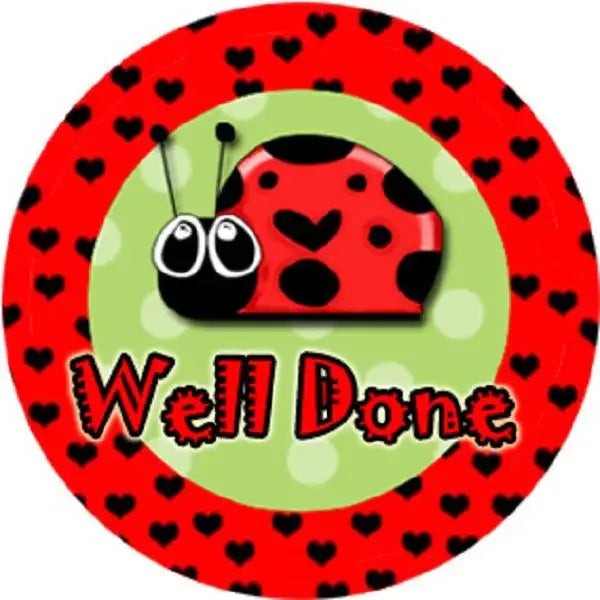 Reward sticker with cartoon ladybug, red heart border, and 'Well Done' text