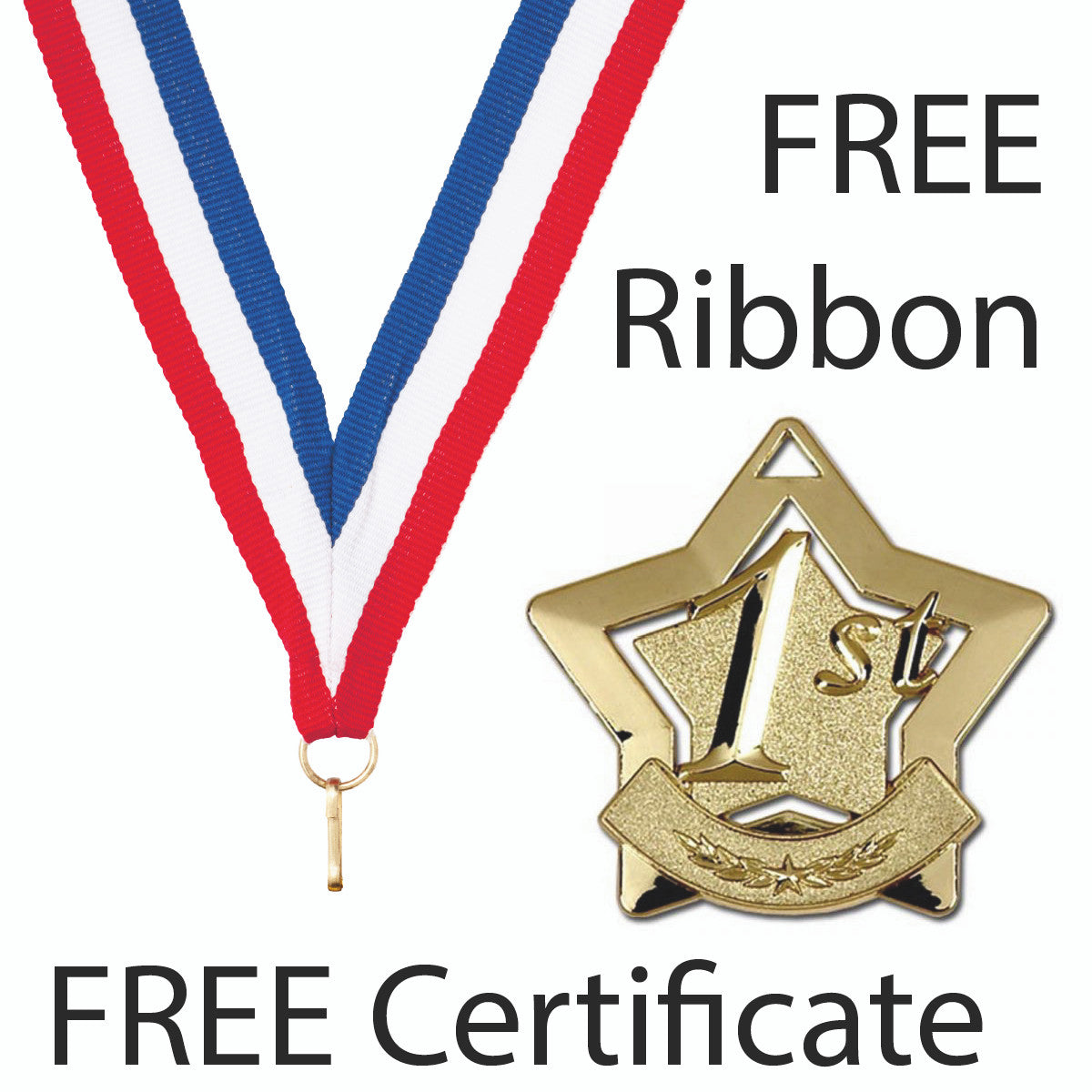 Sticker Stocker - Sports Star Place Medal with FREE Ribbon and Certificate 60mm Metal Gold 1st, silver 2nd or bronze 3rd