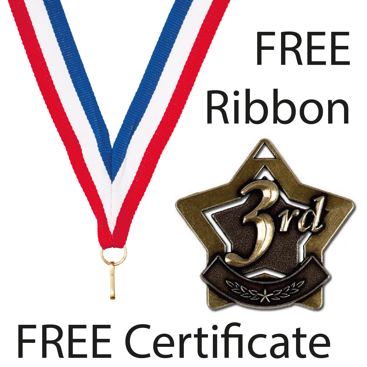 Sports Star Place Medal with FREE Ribbon and Certificate 60mm Metal Gold 1st, silver 2nd or bronze 3rd