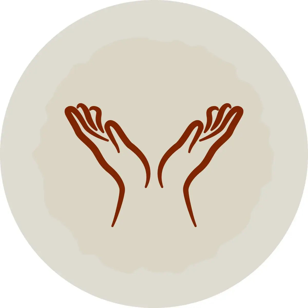 Sticker with two open hands icon, brown line art on beige background, reward sticker
