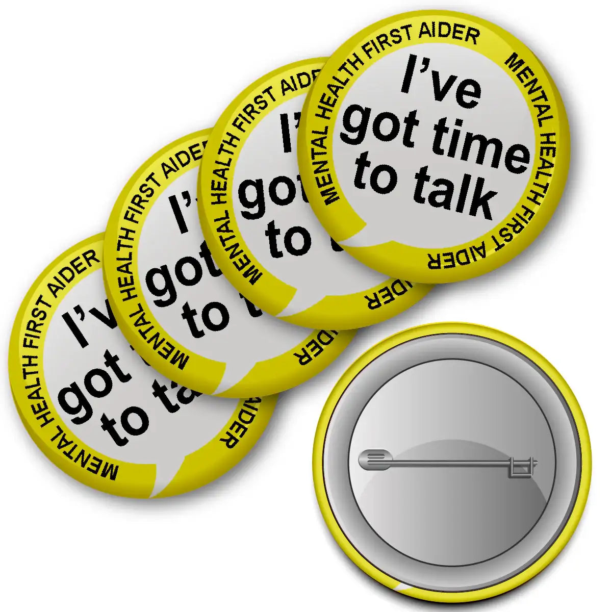 20 x Yellow Mental Health First Aider Got time to Talk Badge 38mm (Pack of 20 Pin Badges - 38mm)