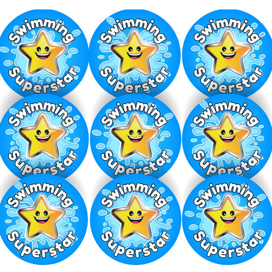 144 Swimming Superstar 30mm Reward Stickers for Teachers, Parents and Party Bags