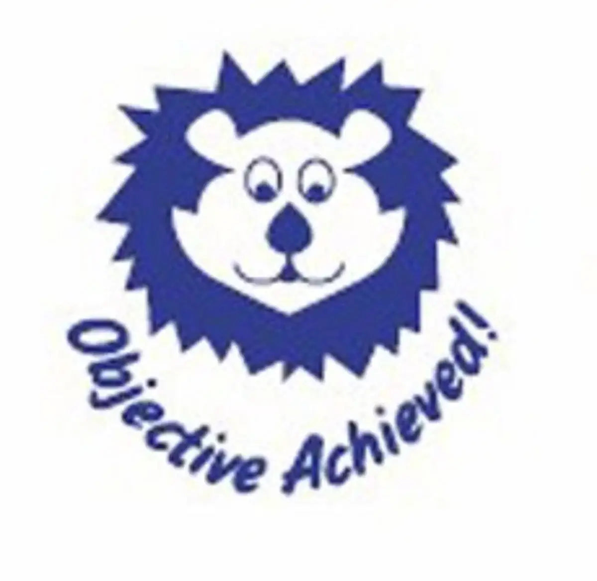 Blue lion face reward sticker with 'Objective Achieved!' text for classroom motivation