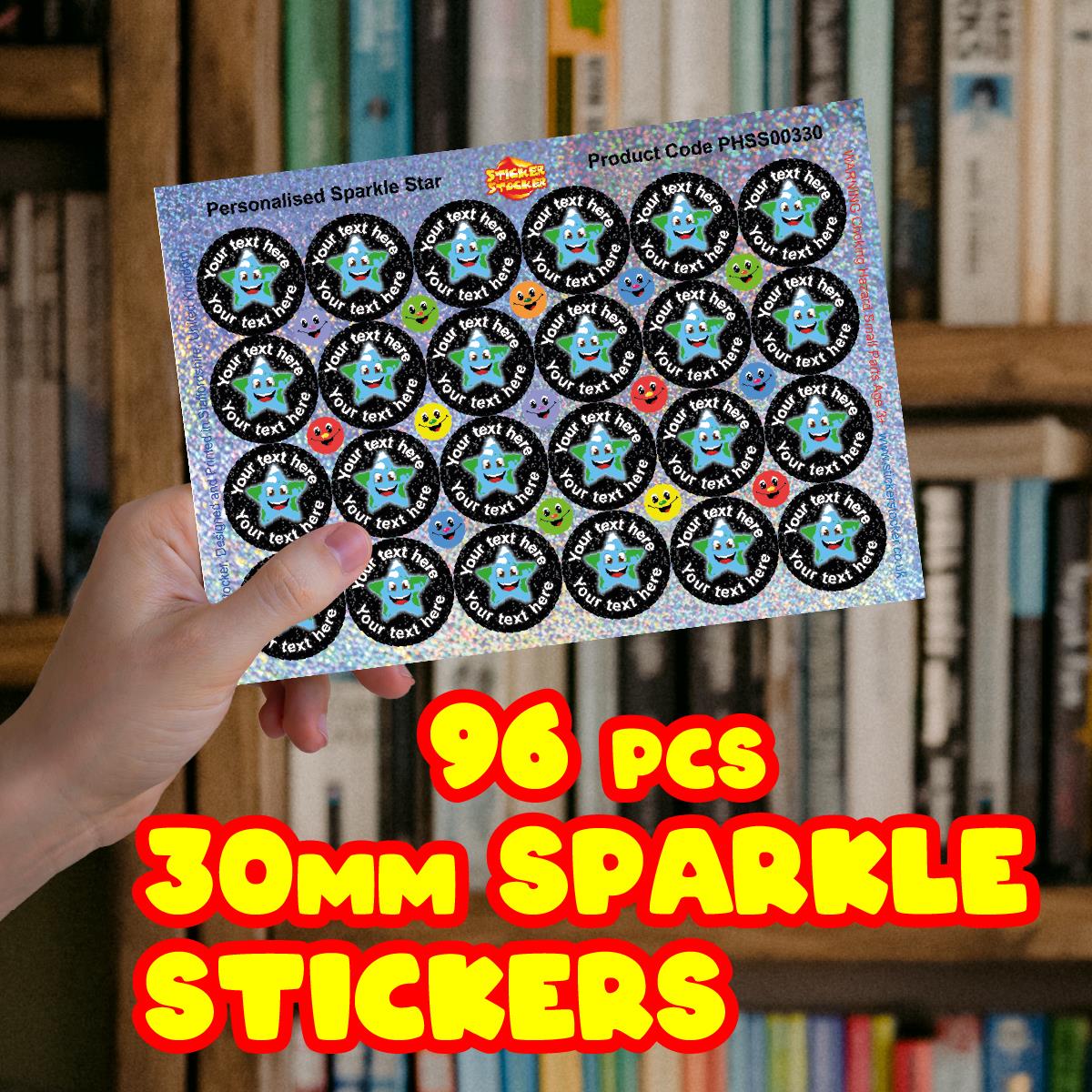 96 Personalised Sparkle Star 30mm Reward Stickers + 60 Free Sparkle Smiles for School Teachers, Parents Nursery