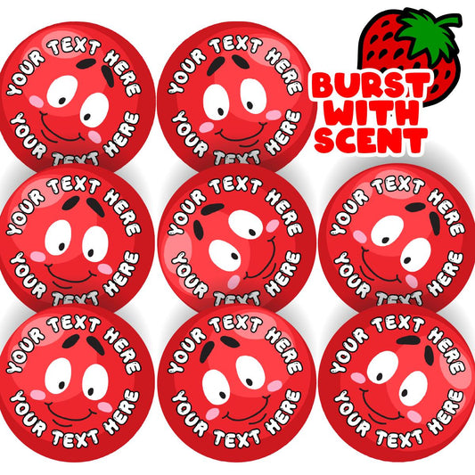 120 Strawberry Scented Personalised Stickers - Smiley Red Clown Noses  - Personalised 30mm Scented  Stickers - For Teachers Nursery Parents