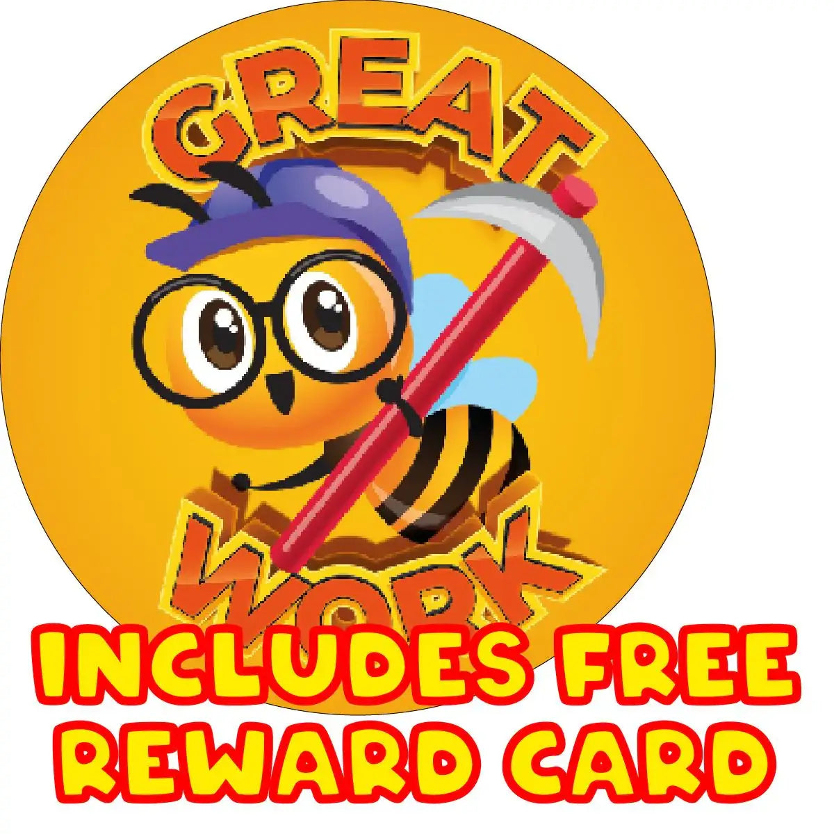 Cute bee with glasses holding a pickaxe on a 'Great Work' reward sticker for students.