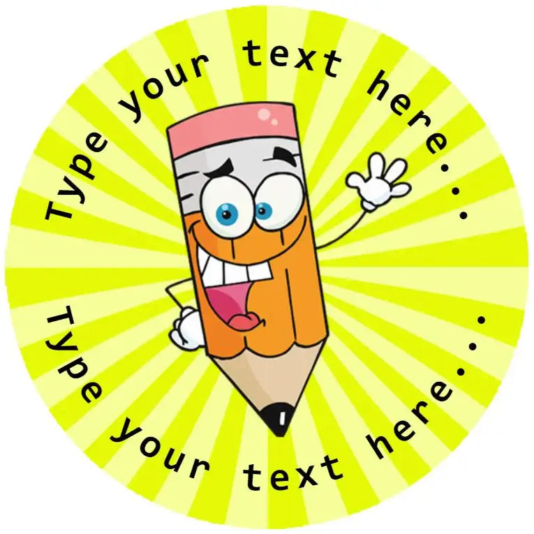 Customizable reward sticker with a smiling cartoon pencil and yellow sunburst background