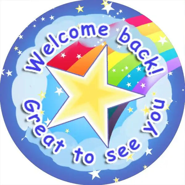 Welcome back classroom reward sticker with star, rainbow, and clouds, motivational design.