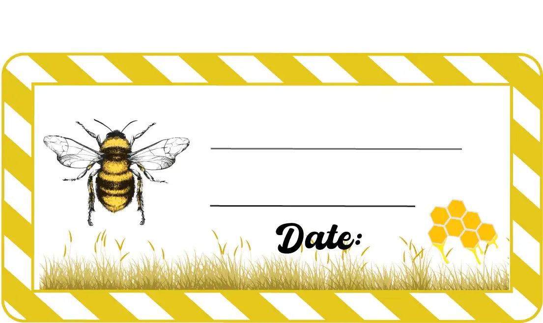 Bee-themed reward sticker with yellow striped border, honeycomb, grass, and space for date