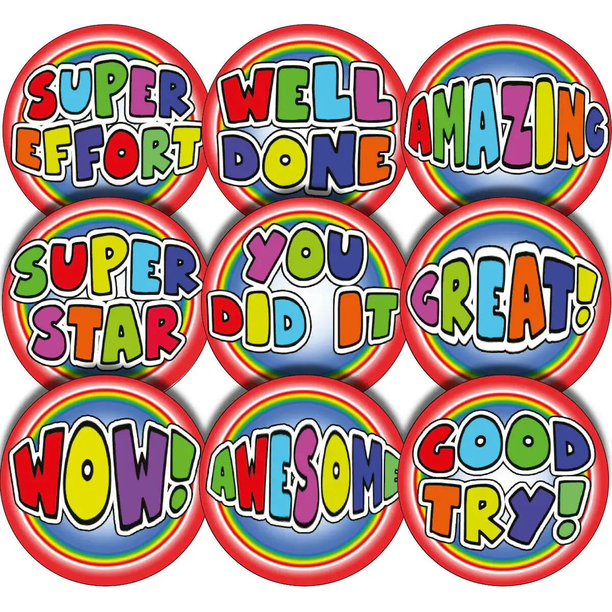 Colorful reward stickers with positive messages for students, rainbow border design.
