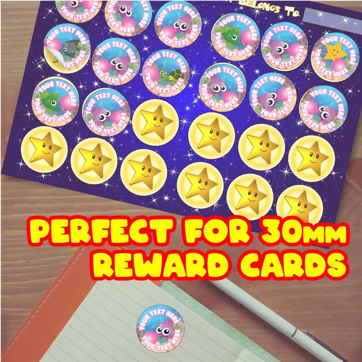 Sheet of colorful reward stickers with cartoon stars and animals, ideal for 30mm reward cards