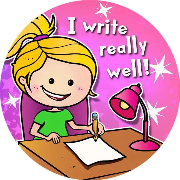 Reward sticker with cartoon girl writing at desk, text says 'I write really well' on pink background