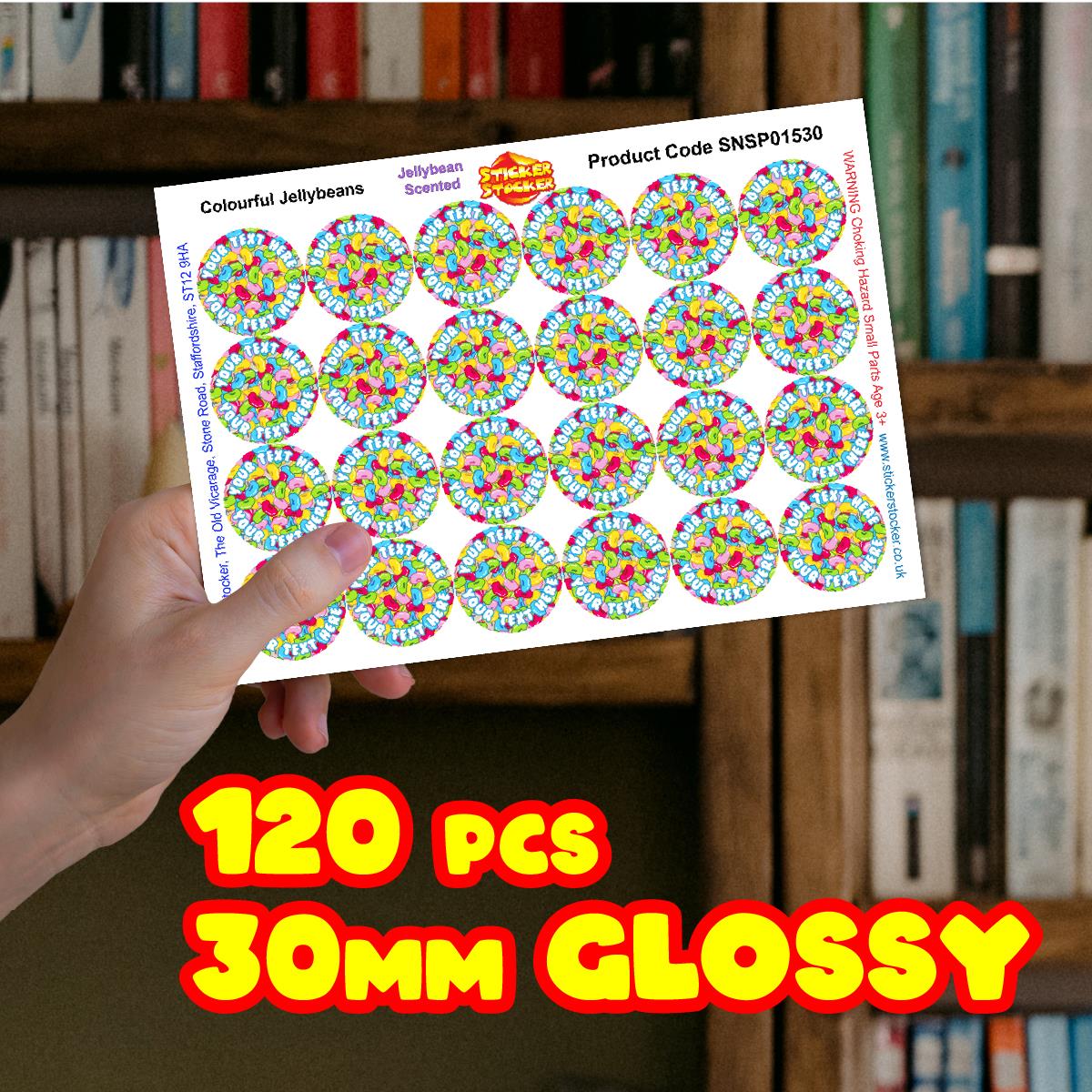 120 Colourful Jellybeans Scented Personalised Stickers - 30mm - School Teachers Parents