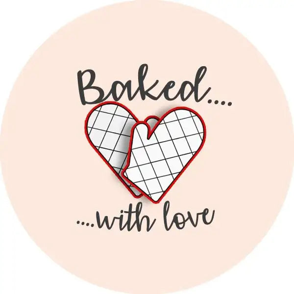 Baking reward sticker with oven mitts forming a heart and text 'Baked with love'.