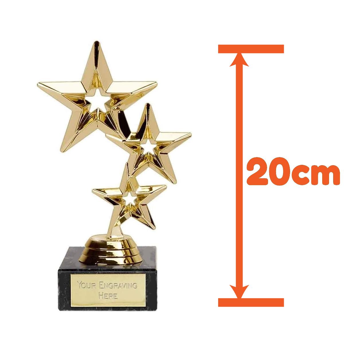 Gold Triple Star Award Trophy 20cm Plastic and Marble FREE engraving and Certificate