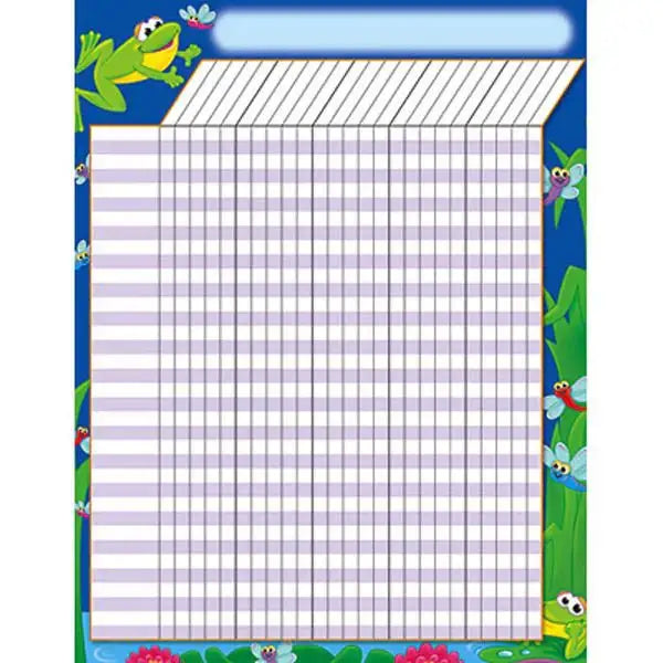 Colorful classroom reward chart with frog and insect cartoon border, blank for tracking progress