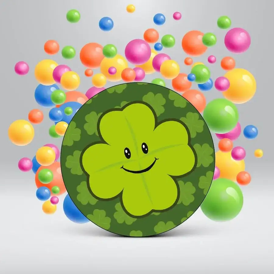 Smiling four-leaf clover sticker with colorful balls on a gray background, reward sticker