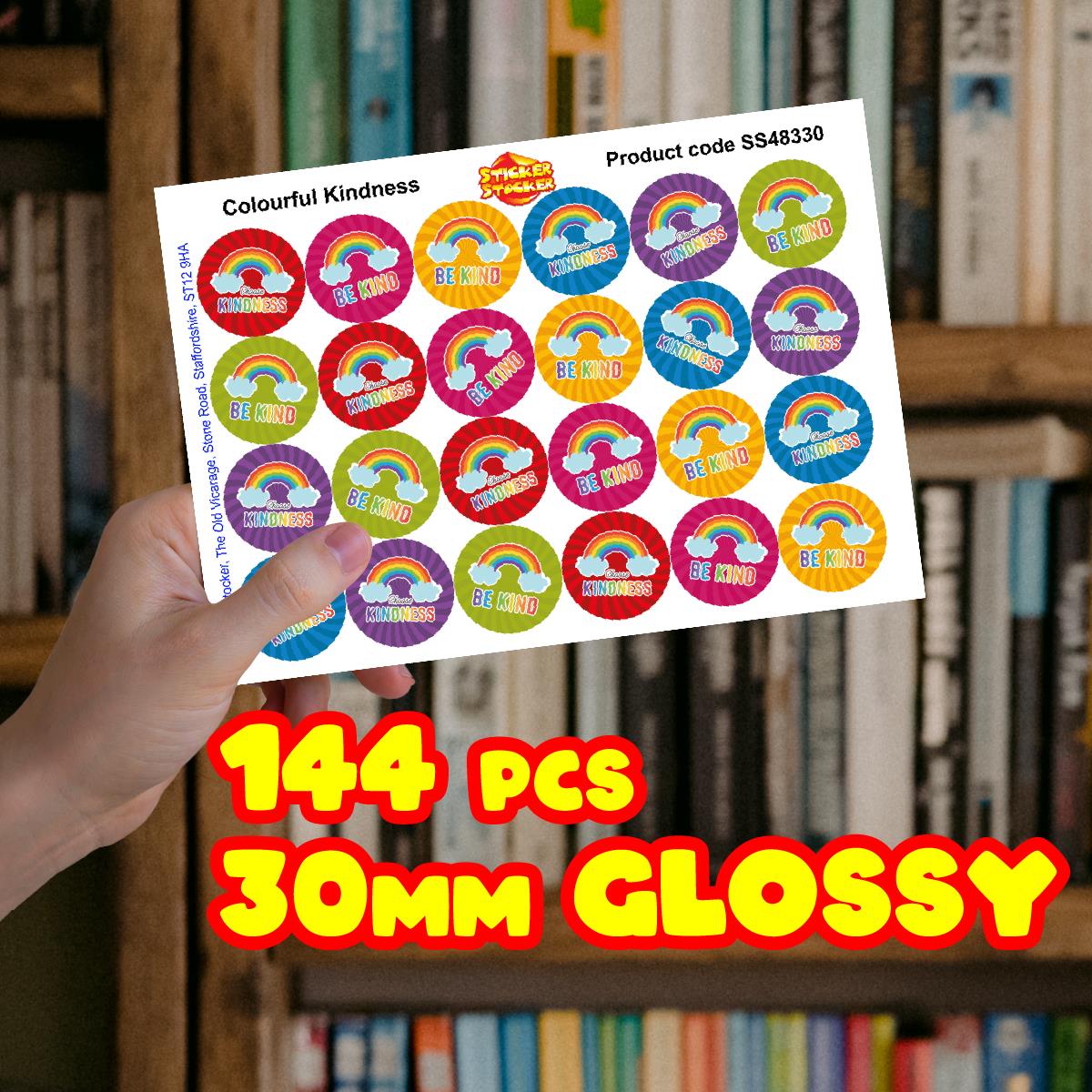 144 Colourful Kindness 30mm Reward Stickers for School Teachers, Parents and Nursery